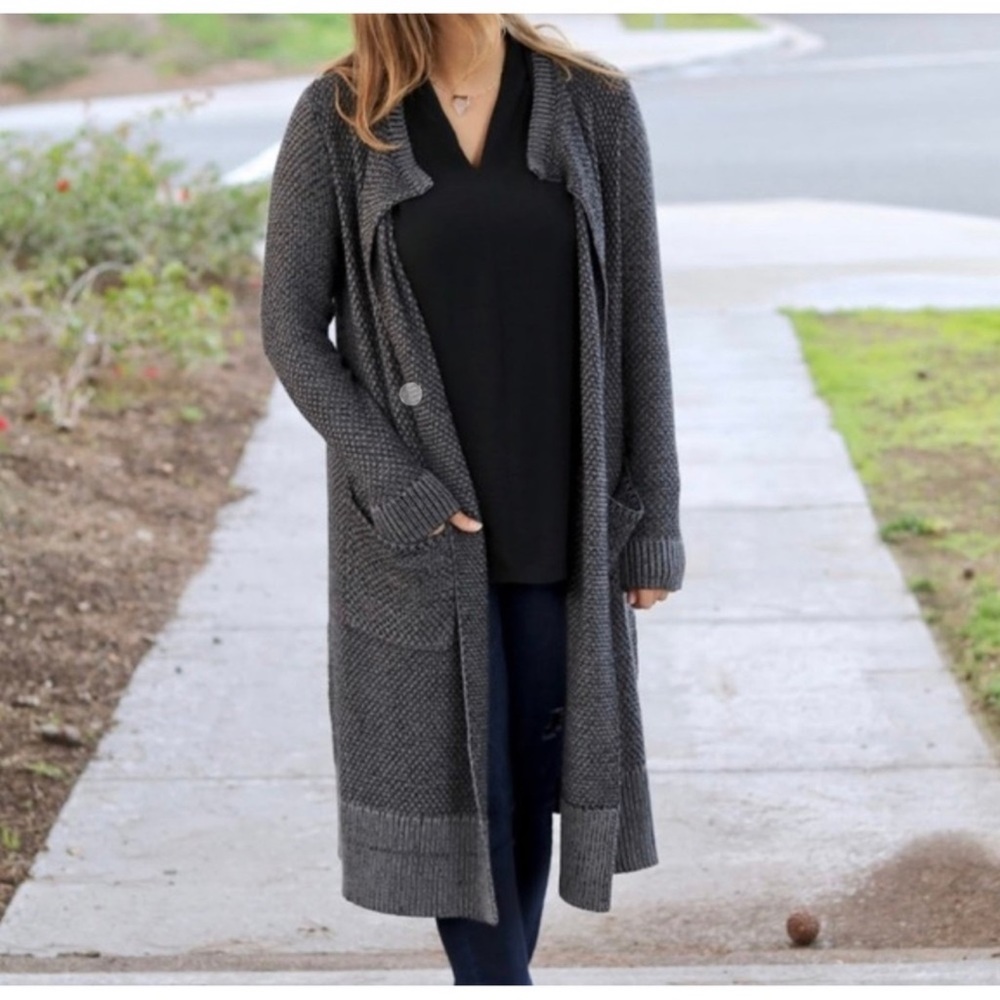 CAbi Long Gray Knit Open Cardigan
